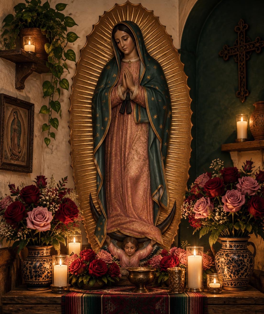 Imagen devocional de la Virgen de Guadalupe con rosas en un rincón de oración